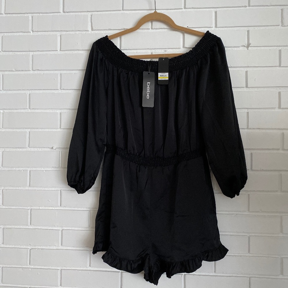 NWT Black Satin Sheen Ruffle Trim Off the Shoulder Romper NYE